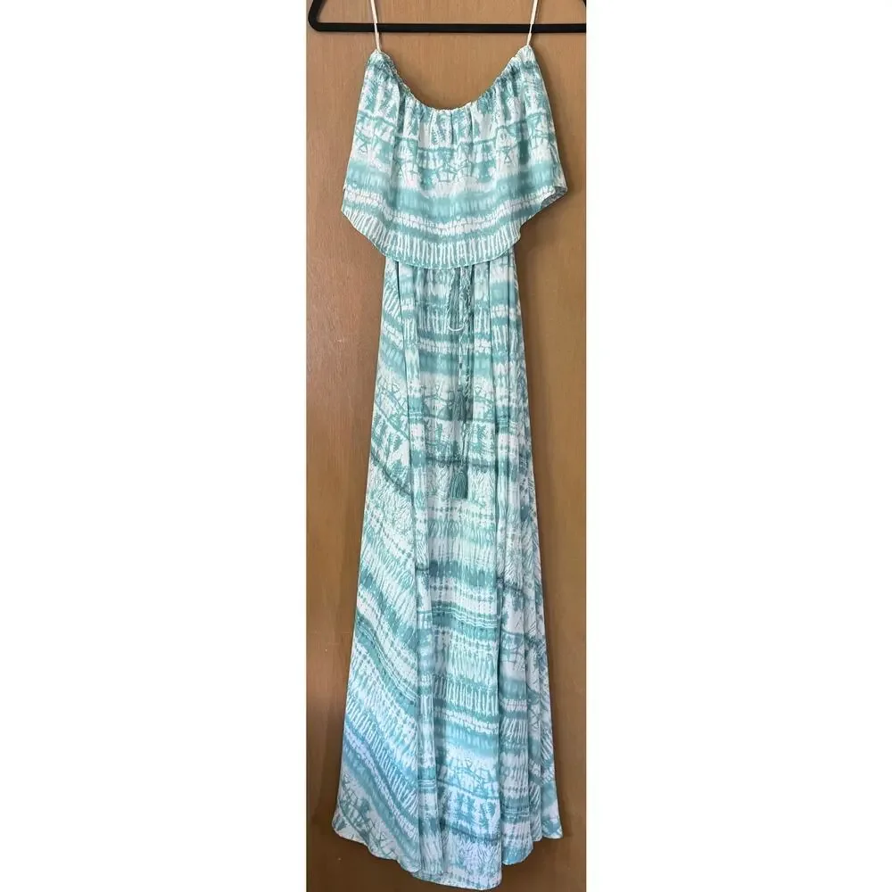 Aakaa Strapless Tie Dye Blue Maxi Dress Sz S Romantic Boho Feminine Vacay Resort